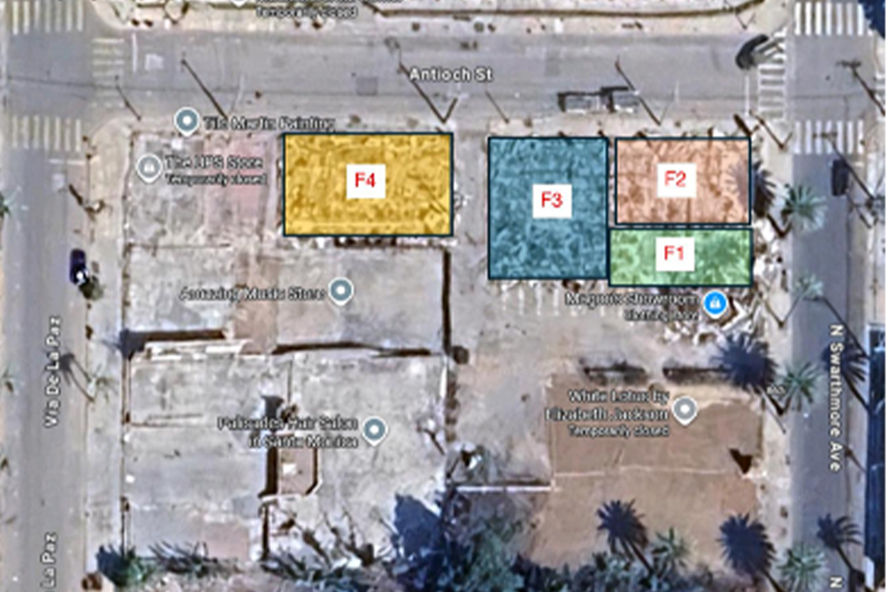 Aerial schematic showing the four independent foundation sections (F1–F4) assessed across the property.
